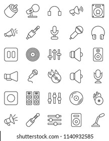 thin line vector icon set - disk vector, music hit, microphone, speaker, loudspeaker, settings, headphones, pause button, rec, rca, jack, equalizer
