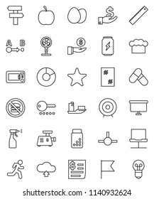 thin line vector icon set - window cleaning vector, sprayer, cook hat, egg, ruler, flag, pie graph, investment, target, presentation board, diet, pills vial, enegry drink, no fastfood, run, ship