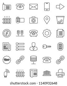 thin line vector icon set - trash bin vector, compass, manager, first aid kit, stadium, map pin, phone, document, newspaper, mobile, classic, link, server, network, gear, menu, usb modem, arrow, key