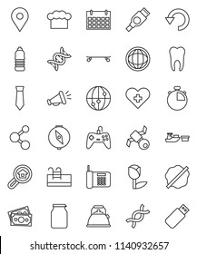 thin line vector icon set - splotch vector, kettle, cook hat, jar, compass, world, tie, stopwatch, skateboard, molecule, water bottle, calendar, map pin, satellite, money, port, tulip, internet, dna