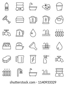 thin line vector icon set - soap vector, scraper, bucket, sponge, water drop, tap, bath, sprayer, kettle, measuring cup, double boiler, enegry drink, bottle, pool, pond, heating