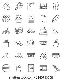 thin line vector icon set - washing powder vector, sprayer, plates, colander, cookbook, pasta, pencil, corner ruler, apple fruit, coin stack, money search, hierarchy, buttocks, Railway carriage