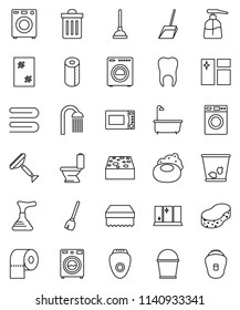 thin line vector icon set - soap vector, plunger, scraper, broom, scoop, bucket, sponge, towel, trash bin, window cleaning, bath, toilet, washer, liquid, shining, paper, shower, microwave oven