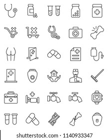 thin line vector icon set - rake vector, water tap, house hold, pills vial, buttocks, heart monitor, first aid kit, no trolley, doctor bag, crutches, broken bone, stethoscope, bottle, anamnesis