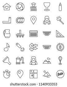 thin line vector icon set - scraper vector, vacuum cleaner, plates, shining window, woman, colander, cook timer, ladle, cookbook, jug, corner ruler, music, exchange, punching bag, calendar, glass