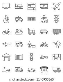 thin line vector icon set - school bus vector, bike, Railway carriage, plane, traffic light, ship, truck trailer, sea container, car, port, consolidated cargo, warehouse, disabled, amkbulance