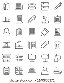 thin line vector icon set - trash bin vector, shining window, pencil, case, pen, clipboard, paper pin, archive, exam, binder, sorting, classic phone, network folder, router, attachment, user