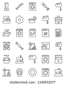 thin line vector icon set - washer vector, washing powder, mixer, double boiler, blender, tomography, gear, construction crane, card reader, dishwasher, coffee maker, meat grinder, sewing machine