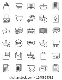 thin line vector icon set - cart vector, credit card, coin stack, receipt, estate document, search, new, shopping bag, buy, barcode, reader, basket, list