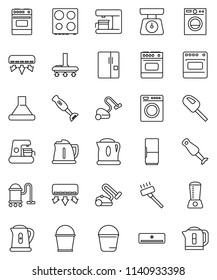 thin line vector icon set - vacuum cleaner vector, bucket, kettle, scales, oven, blender, air conditioner, fridge, washer, coffee maker, hood