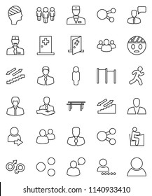 thin line vector icon set - student vector, manager, man, horizontal bar, stairways run, client, speaking, social media, group, doctor, gender sign, head bandage, medical room, share, login