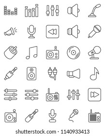 Thin Line Vector Icon Set - Music Vector, Disk, Microphone, Radio, Speaker, Loudspeaker, Settings, Equalizer, Forward Button, Backward, Rca, Jack