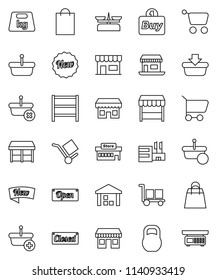 thin line vector icon set - office vector, cargo, warehouse, weight, shelving, new, open, closed, shopping bag, market, store, mall, buy, basket, cart, scales