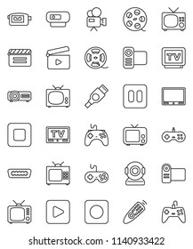 thin line vector icon set - cinema clap vector, film spool, tv, gamepad, video camera, remote control, play button, pause, stop, rec, hdmi, web, projector