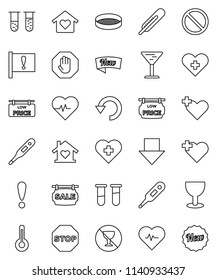 thin line vector icon set - sieve vector, arrow down, heart pulse, prohibition sign, no alcohol, cross, attention, glass, thermometer, vial, undo, stop, sale signboard, low price, love home, new