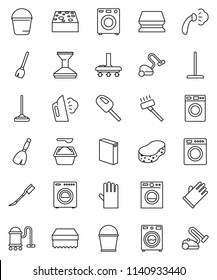 thin line vector icon set - broom vector, vacuum cleaner, mop, bucket, sponge, car fetlock, steaming, washer, washing powder, rubber glove