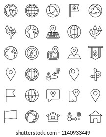 thin line vector icon set - compass vector, world, flag, dollar, route, navigator, earth, map pin, traking, internet, connection, globe, arrow, home