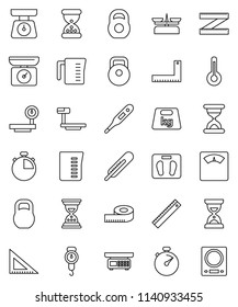 thin line vector icon set - measuring cup vector, scales, corner ruler, sand clock, stopwatch, weight, big, thermometer, store, kitchen