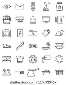 thin line vector icon set - plunger vector, fetlock, foam basin, rubber glove, measuring cup, turk coffee, spices, plates, blackboard, pen, presentation board, t shirt, enegry drink, fitness mat