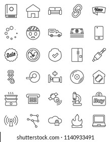 thin line vector icon set - car vector, no hook, protected, flammable, disk, satellitie, mobile phone, link, jack, pregnancy, insemination, microscope, hospital bed, head bandage, network, home, new