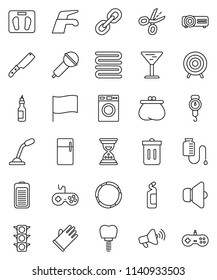 thin line vector icon set - water tap vector, trash bin, washer, cleaning agent, rubber glove, scales, towel, knife, oil, flag, sand clock, target, hoop, traffic light, glass, microphone, speaker