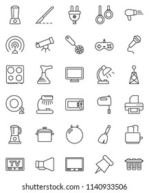 thin line vector icon set - plunger vector, broom, pan, skimmer, mixer, toaster, oven, telescope, table lamp, paper pin, fitball, gymnast rings, oxygen, antenna, loudspeaker, tv, scalpel, power plug