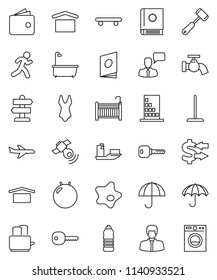 thin line vector icon set - mop vector, water tap, splotch, bath, meat hammer, toaster, exchange, wallet, manager, fitball, swimsuite, skateboard, bottle, run, signpost, plane, ship, umbrella, key