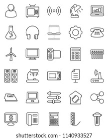 thin line vector icon set - iron vector, microwave oven, table lamp, calculator, notebook pc, flask, laptop graph, monitor dollar, support, video camera, headphones, classic phone, network, gear, tv