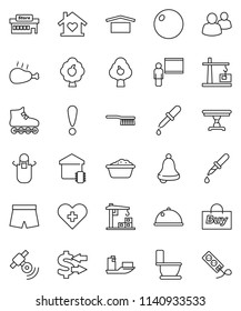 thin line vector icon set - fetlock vector, toilet, foam basin, apron, dish, chicken leg, blackboard, bell, exchange, fitball, shorts, roller Skates, attention, ship, dry cargo, satellitie, group