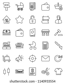 thin line vector icon set - japanese candle vector, wallet, crisis, percent growth, office, cash, star, closed, 24 hour, mall, support, target, card reader, cashbox, receipt, basket, auction, mail