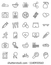 thin line vector icon set - liquid soap vector, potato, scales, heart pulse, pills vial, bike, jump rope, shorts, skateboard, sports nutrition, molecule, pool, monitor, first aid kit, run, magnifier