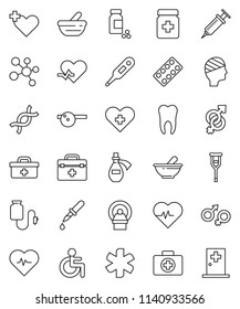 thin line vector icon set - heart pulse vector, pills vial, molecule, first aid kit, doctor bag, ambulance star, disabled, cross, thermometer, gender sign, dna, syringe, dropper, crutches, bottle