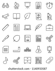 thin line vector icon set - book vector, copybook, pen, school building, corner ruler, glasses, case, telescope, calculator, notebook pc, alarm clock, certificate, scissors, abacus, presentation