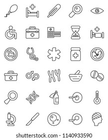 thin line vector icon set - doctor bag vector, ambulance star, disabled, thermometer, eye, gender sign, dna, magnifier, pregnancy, insemination, scalpel, sand clock, stethoscope, pills, bottle