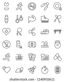thin line vector icon set - measuring vector, stopwatch, pills vial, weight, jump rope, hand trainer, horizontal bar, muscule, swimsuite, roller Skates, molecule, heart monitor, fitness mat, breads