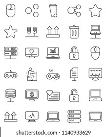 thin line vector icon set - trash bin vector, student, notebook pc, laptop graph, monitor dollar, heart, top sign, gamepad, favorites, diagnostic, server, network, big data, share, document, lock