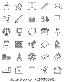 thin line vector icon set - graduate hat vector, pen, school building, corner ruler, drawing compass, glasses, case, backpack, apple fruit, telescope, microscope, schedule, paper pin, magnet, bus