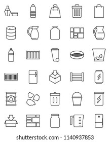 thin line vector icon set - bucket vector, trash bin, garbage pile, measuring cup, jug, sieve, jar, enegry drink, water bottle, sea container, port, wood box, consolidated cargo, package, oil barrel