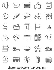 thin line vector icon set - scoop vector, toilet paper, cook timer, cereal, molecule, flag, exchange, calendar, shorts, swimsuite, satellite, money, port, speaker, finger up, thermometer, chalet