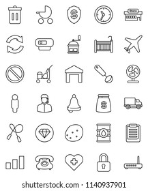 thin line vector icon set - cleaner trolley vector, trash bin, ladle, hand mill, potato, bell, clipboard, man, jump rope, prohibition sign, heart cross, plane, phone, delivery, clock, warehouse, fan