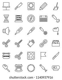 thin line vector icon set - scoop vector, sponge, rubber glove, skimmer, ladle, knife, mixer, oven, pencil, compass, scissors, abacus, flag, sand clock, calendar, hoop, speaker, link, thermometer