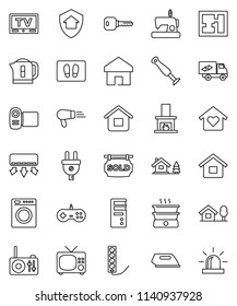 thin line vector icon set - welcome mat vector, tv, home, key, house, chalet, plan, sold signboard, relocation truck, love, fireplace, protect, power plug, iron, washer, blender, hair dryer, kettle