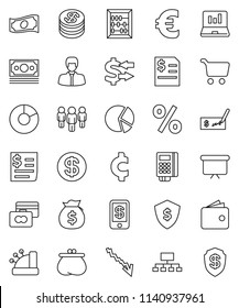 thin line vector icon set - abacus vector, exchange, pie graph, cart, laptop, credit card, wallet, cash, crisis, money bag, manager, check, annual report, man, presentation board, dollar shield