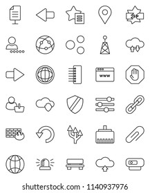 thin line vector icon set - world vector, antenna, internet, disconnection, cloud shield, exchange, browser, equalizer, firewall, hub, lan connector, share, favorites, bench, arrow, undo, upload