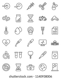 thin line vector icon set - school building vector, doctor bag, disabled, heart cross, thermometer, vial, gender sign, insemination, syringe, dropper, crutches, scissors, sand clock, pills, bottle