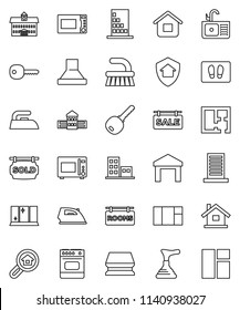 thin line vector icon set - plunger vector, fetlock, sponge, welcome mat, iron, shining window, sink, microwave oven, university, school building, warehouse, key, house, plan, sale signboard, rooms
