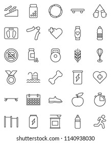 thin line vector icon set - diet vector, scales, stopwatch, pills vial, weight, hand trainer, horizontal bar, punching bag, snickers, boxing glove, skateboard, medal, sports nutrition, enegry drink