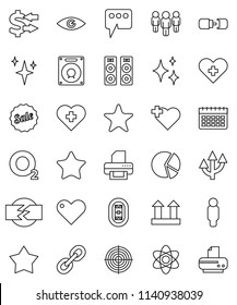 thin line vector icon set - shining vector, atom, exchange, pie graph, man, target, calendar, heart cross, oxygen, stadium, top sign, link, favorites, eye, message, route arrow, connection, sale