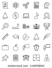 thin line vector icon set - graduate hat vector, pen, university, school building, blackboard, corner ruler, case, apple fruit, atom, bell, table lamp, calculator, notebook pc, alarm clock, compass