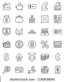 thin line vector icon set - dollar coin vector, japanese candle, credit card, money bag, piggy bank, investment, growth, stack, building, search, monitor, any currency, pound, yen sign, cent, wallet